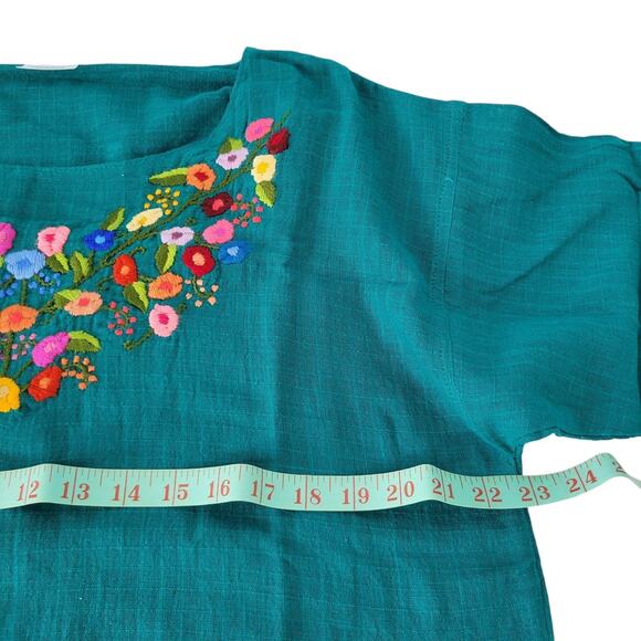 New Guatemalan Embroidered Woven Folk Art Blouse Turquoise Small Craftcore - Picture 9 of 9